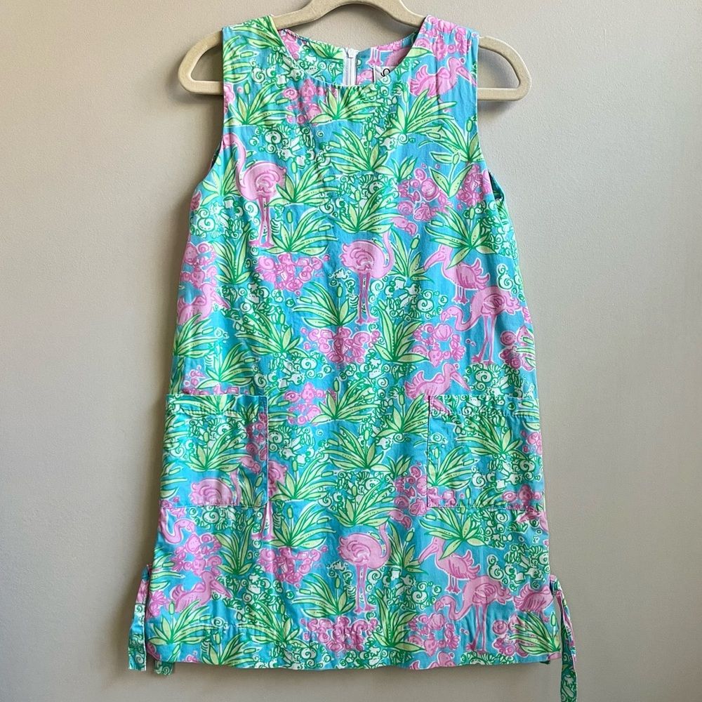 Lilly Pulitzer Vintage Colorful Flamingo Shift Dress Side Tie Tropical Dress